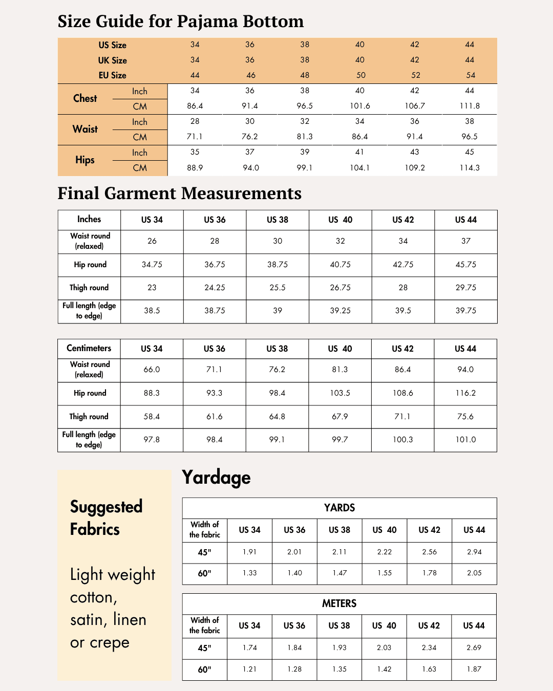 Size guide for men's pajama bottoms with chest, waist, and hips measurements in inches and centimeters, for sewing patterns