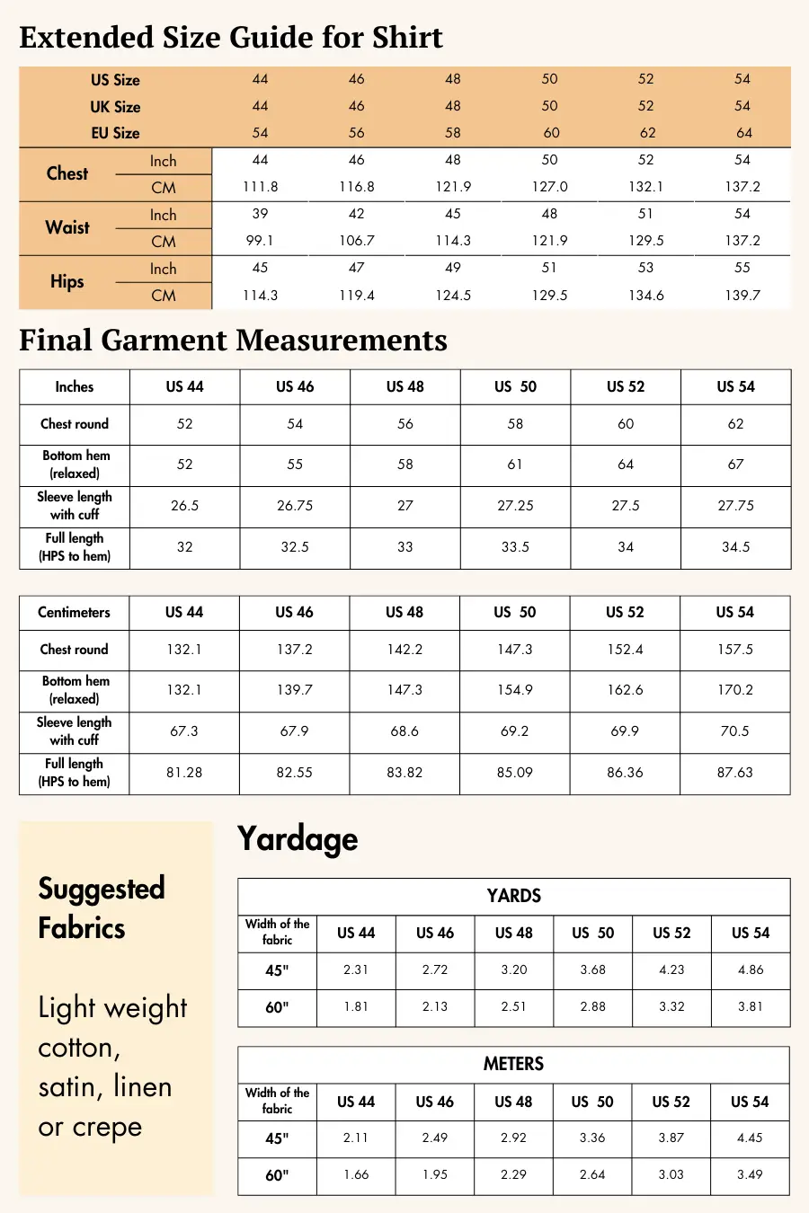 Extended size guide for the 'Arbor' men's pajama shirt sewing pattern. Detailed measurements and fabric yardage for larger sizes.