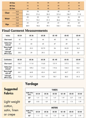 Size guide for the 'Arbor' men's pajama shirt sewing pattern. Includes US, UK, and EU sizes with garment measurements and fabric recommendations.