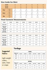 Size guide for the 'Arbor' men's pajama shirt sewing pattern. Includes US, UK, and EU sizes with garment measurements and fabric recommendations.