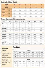 Extended size guide for the Men's Oversized T-shirt 'Archie', including garment measurements and fabric yardage for various sizes.