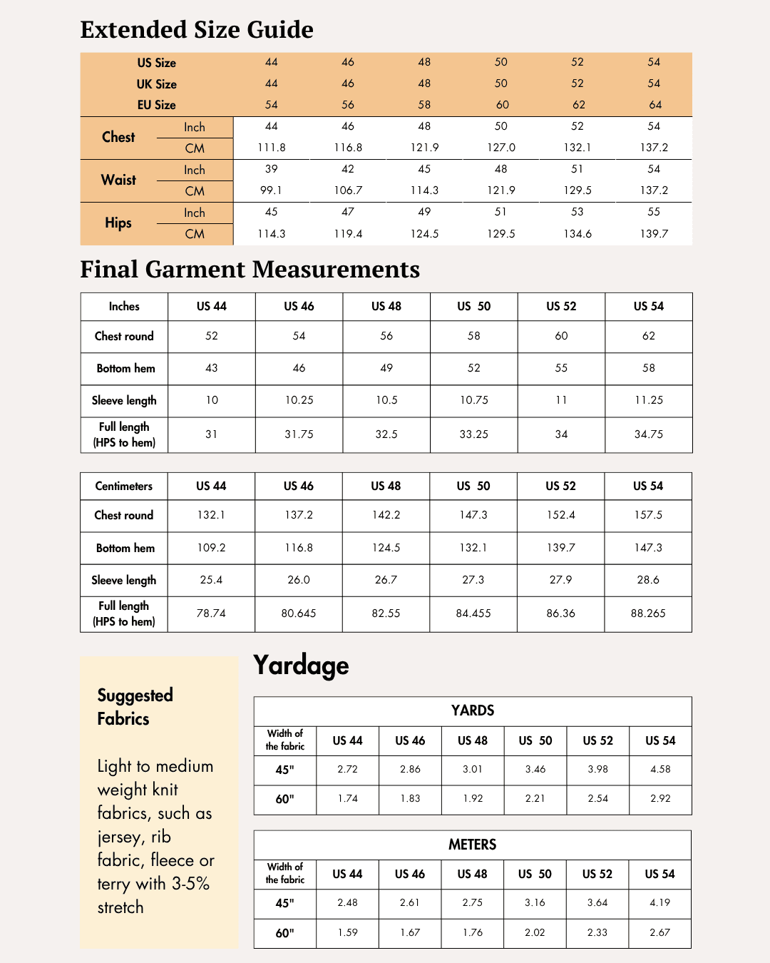 Extended Size guide for men's oversized T-shirt 'Archie' sewing pattern