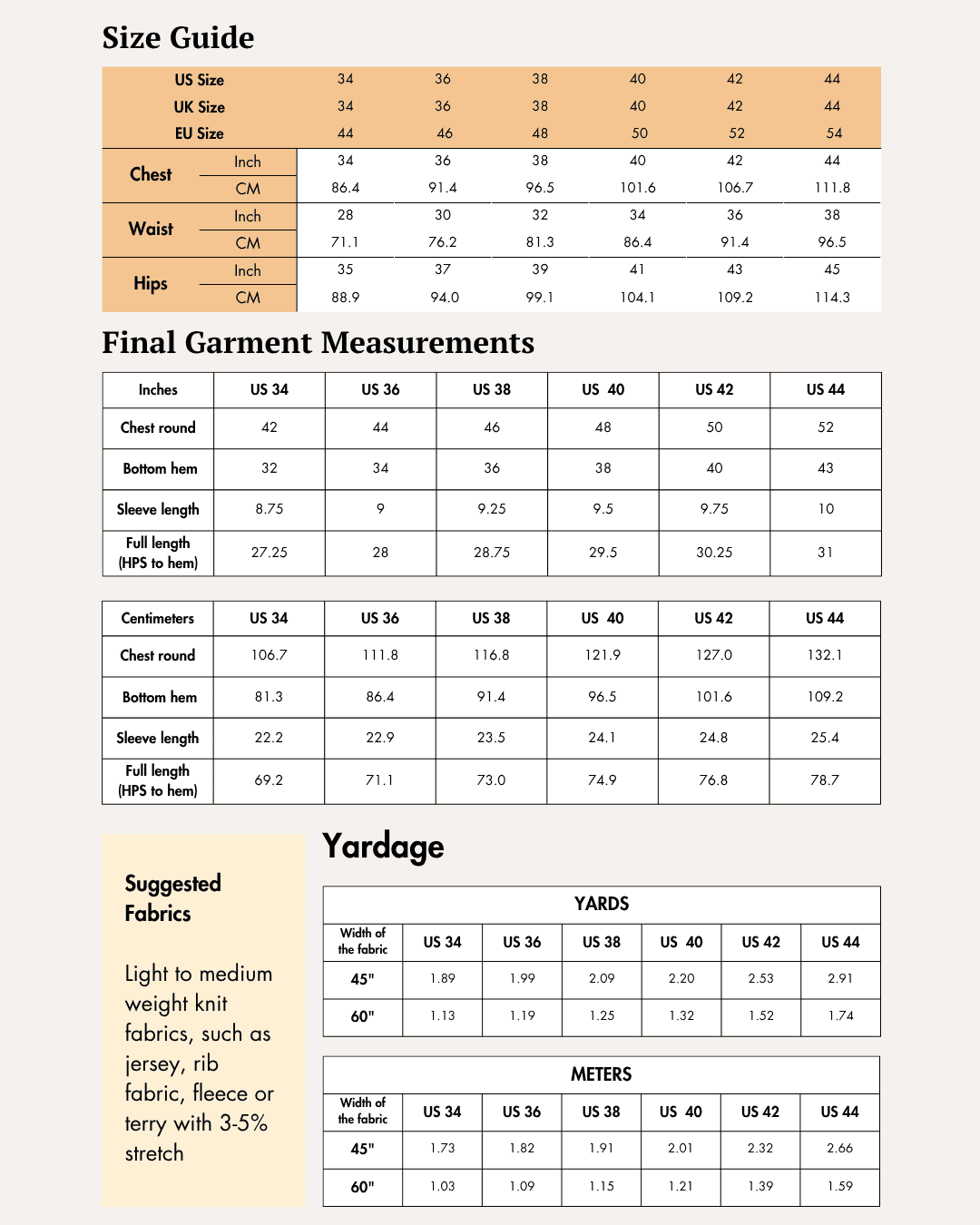 Size guide for men's oversized T-shirt 'Archie' sewing pattern