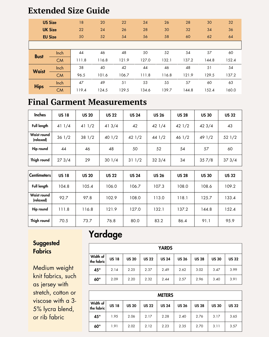 Extended Size guide and measurement charts for women's bell bottom pants sewing pattern