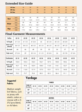 Extended Size guide and measurement charts for women's bell bottom pants sewing pattern
