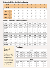 Extended size guide for top with bust, waist, hips measurements, sewing pattern for off-shoulder crop top and flared pants
