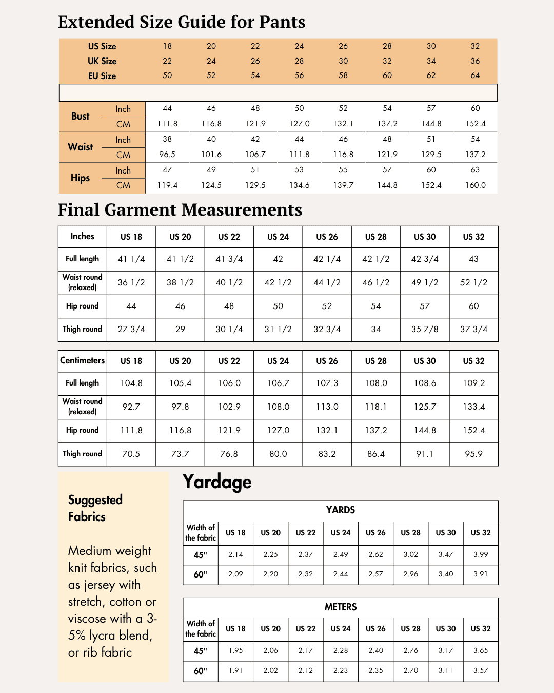 Extended size guide for top with bust, waist, hips measurements, sewing pattern for off-shoulder crop top and flared pants