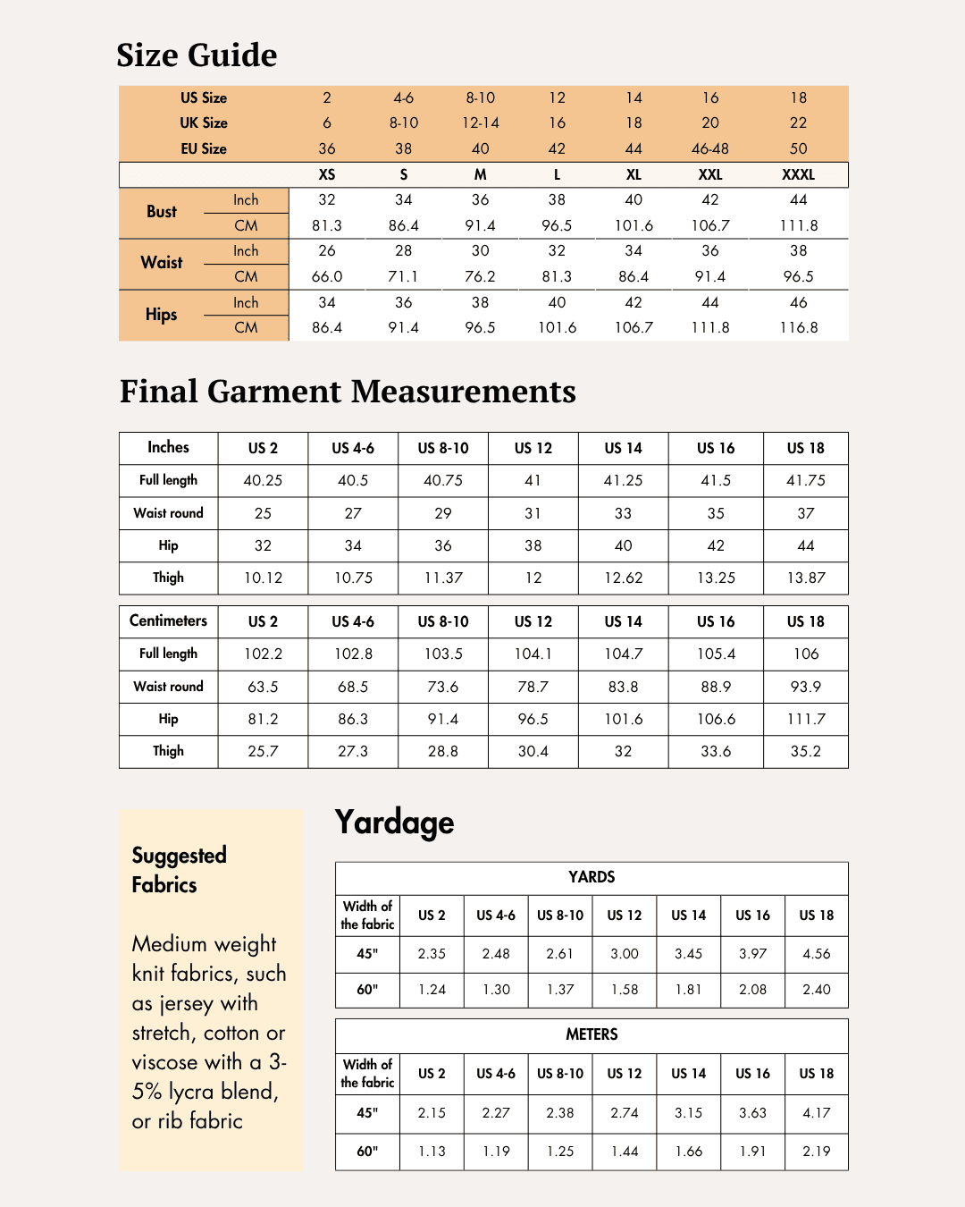 Size guide and measurement charts for women's bell bottom pants sewing pattern
