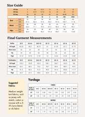 Size guide and measurement charts for women's bell bottom pants sewing pattern