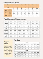 Size guide for pants with waist, hips, and final garment measurements, sewing pattern for flared pants