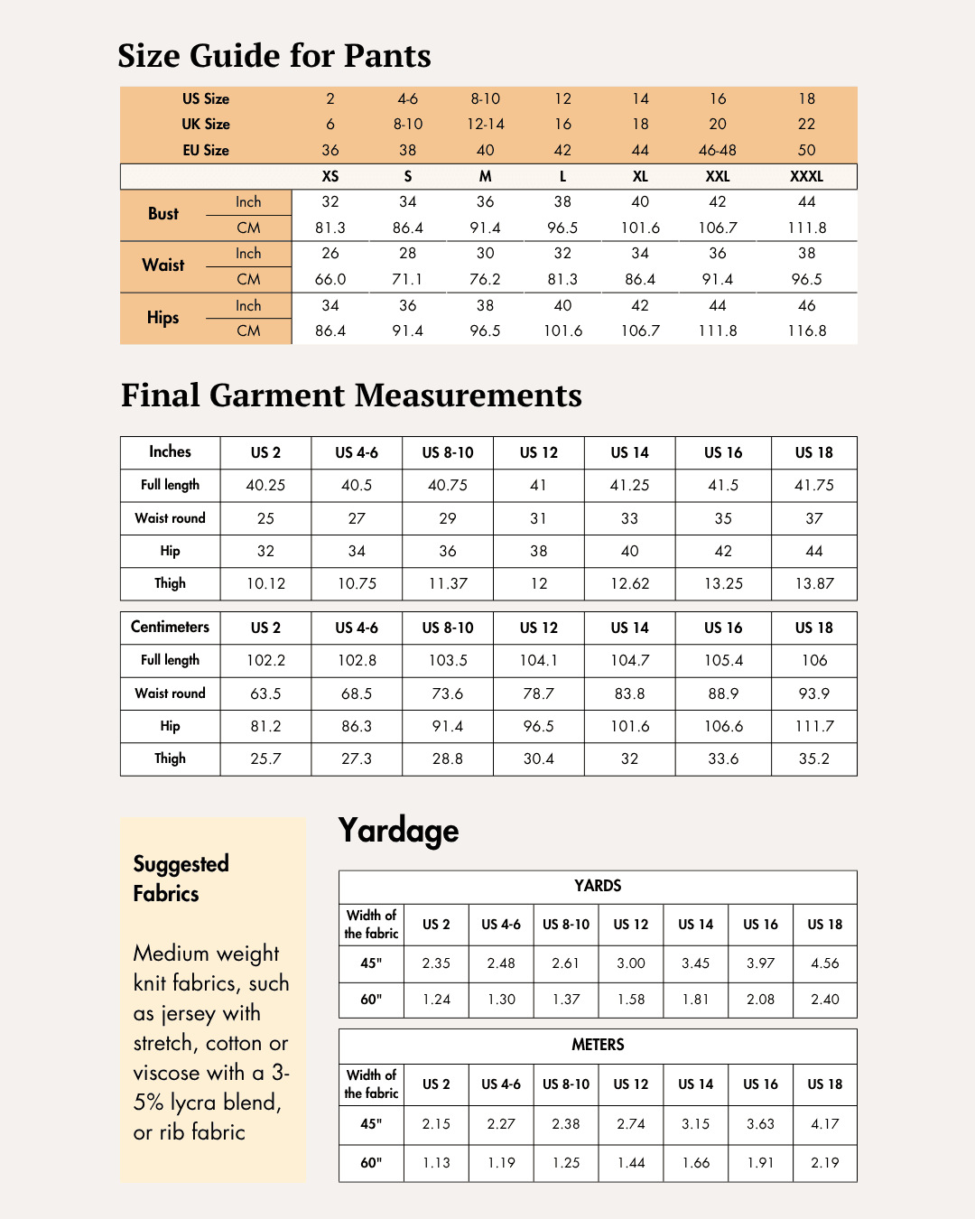 Size guide for pants with waist, hips, and final garment measurements, sewing pattern for flared pants