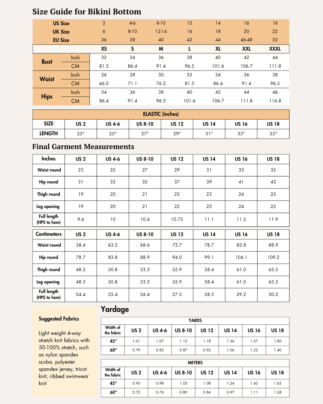Extended size guide for bikini top with detailed measurements