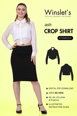 Cover image of a model wearing Cropped, long-sleeve shirt with a classic collar paired with a black midi skirt. Image also contains a 2D flat overlay of the crop shirt sewing pattern from Winslet's 