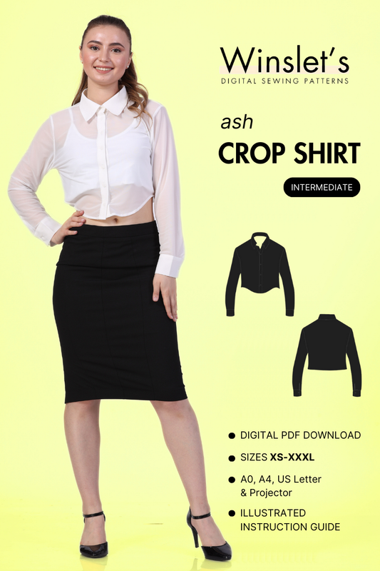 Cover image of a model wearing Cropped, long-sleeve shirt with a classic collar paired with a black midi skirt. Image also contains a 2D flat overlay of the crop shirt sewing pattern from Winslet's 