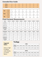 Extended size guide chart for women's sewing patterns with bust, waist, hips, and garment measurements in inches and centimeters