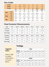 Size guide chart for women's sewing patterns with bust, waist, and hip measurements in inches and centimeters