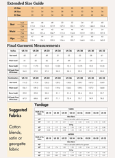 Extended Size guide chart for sewing pattern with bust, waist, hips measurements