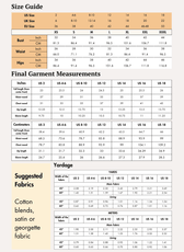 Size guide chart for sewing pattern with bust, waist, hips measurements