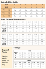 Extended size guide for the 'Atlas' men's hoodie sewing pattern. Displays garment measurements, fabric yardage, and suggested fabric types.