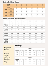 Extended size guide for men's hoodie sewing pattern with detailed measurements for larger sizes