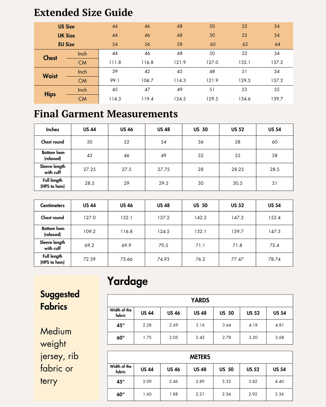 Extended size guide for men's hoodie sewing pattern with detailed measurements for larger sizes