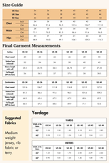 Size guide for the 'Atlas' men's hoodie sewing pattern. Includes US, UK, and EU sizes with garment measurements and fabric recommendations.