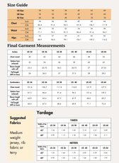 Size guide and measurements for men's hoodie sewing pattern, including chest, waist, hips, and garment dimensions