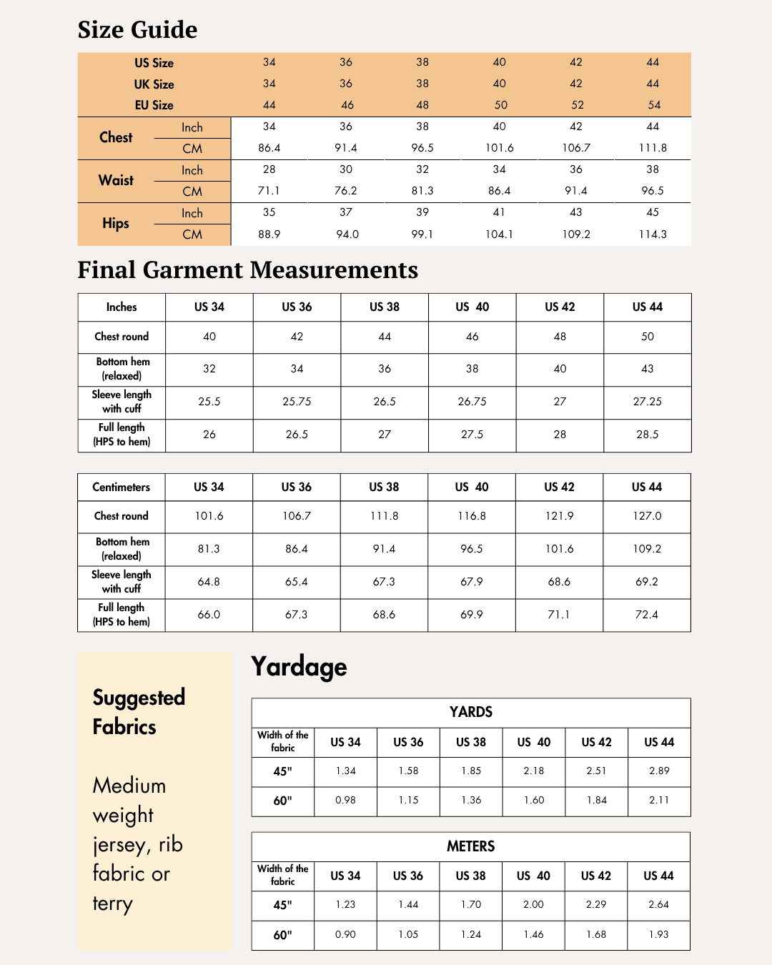 Size guide and measurements for men's hoodie sewing pattern, including chest, waist, hips, and garment dimensions