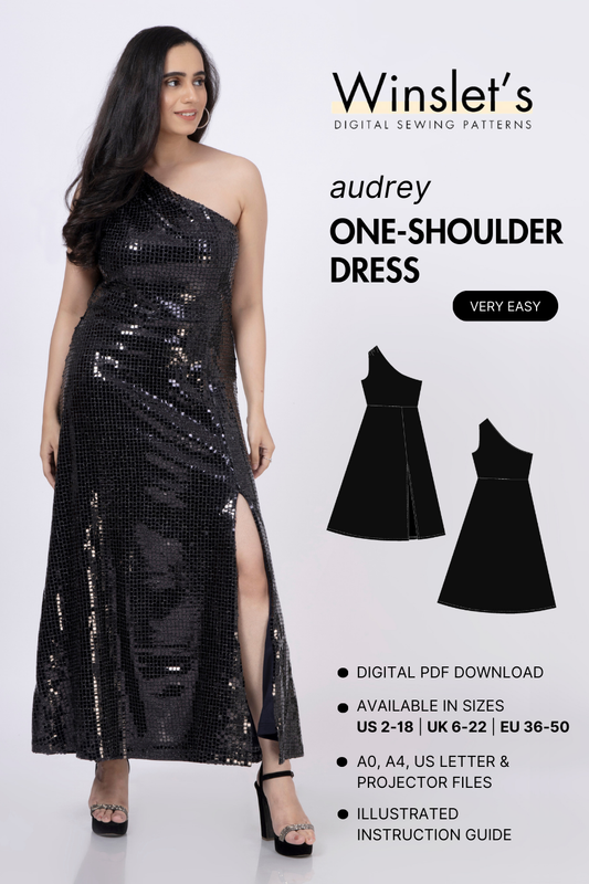 One-shoulder dress sewing pattern from Winslet's, featuring a sequined maxi design with a thigh-high slit. Beginner-friendly digital PDF in sizes US 2-18.