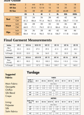 Size guide and fabric recommendations for the one-shoulder dress sewing pattern. Covers US sizes 2-18 with yardage details for different fabrics.