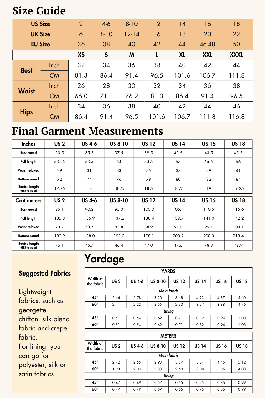 Size guide chart for women's maxi dress 'Audrey' with bust, waist, hips measurements in inches and centimeters