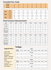 Extended Size guide for sewing pattern with measurements and fabric suggestions