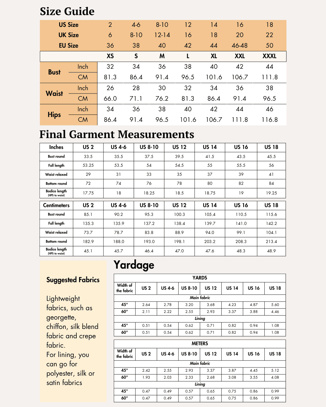 Size guide for sewing pattern with measurements and fabric suggestions