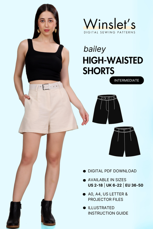 High-waisted shorts sewing pattern by Winslet's, featuring a tailored design with pleats and a coordinating belt. Available in US sizes 2-18, UK 6-22, EU 36-50.