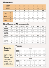 Size guide for High waisted shorts sewing pattern 'Bailey' with front pleats and wide leg hem