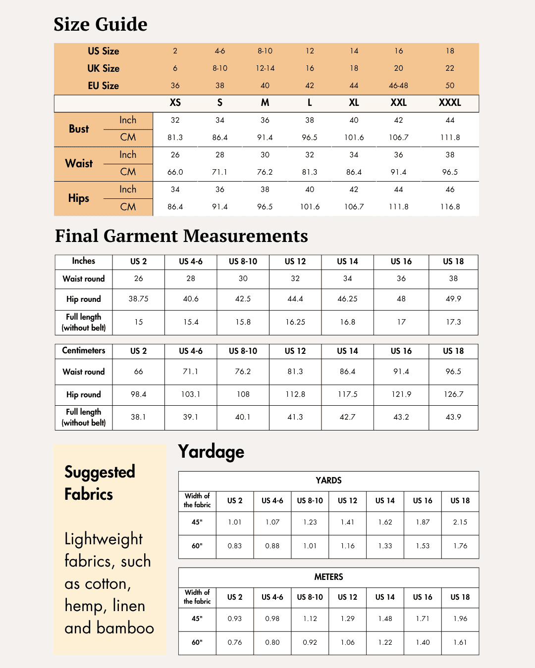 Size guide for High waisted shorts sewing pattern 'Bailey' with front pleats and wide leg hem