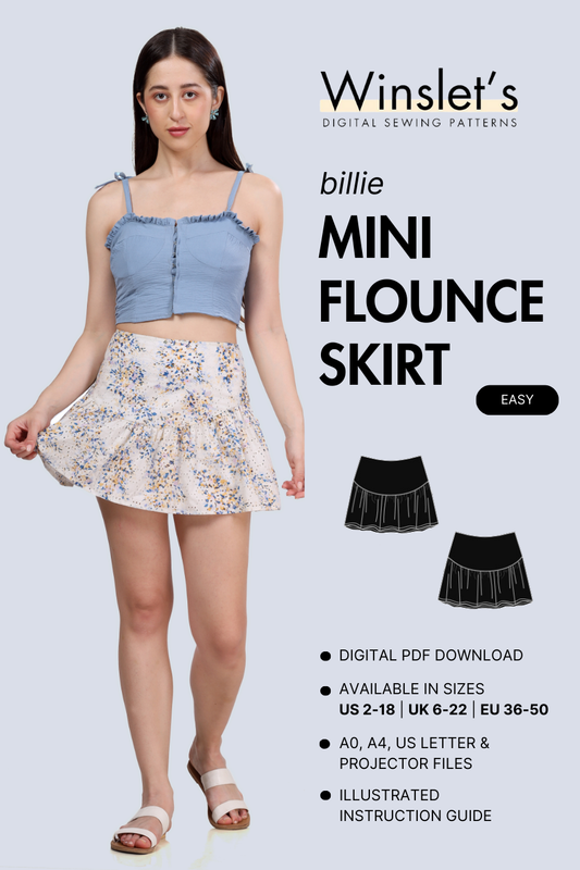 Mini Flounce Skirt Sewing Pattern - Billie. Digital PDF pattern for a stylish mini skirt with a fitted waist and playful ruffle detail.