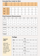 Extended size chart for skirt with bust, waist, hips measurements