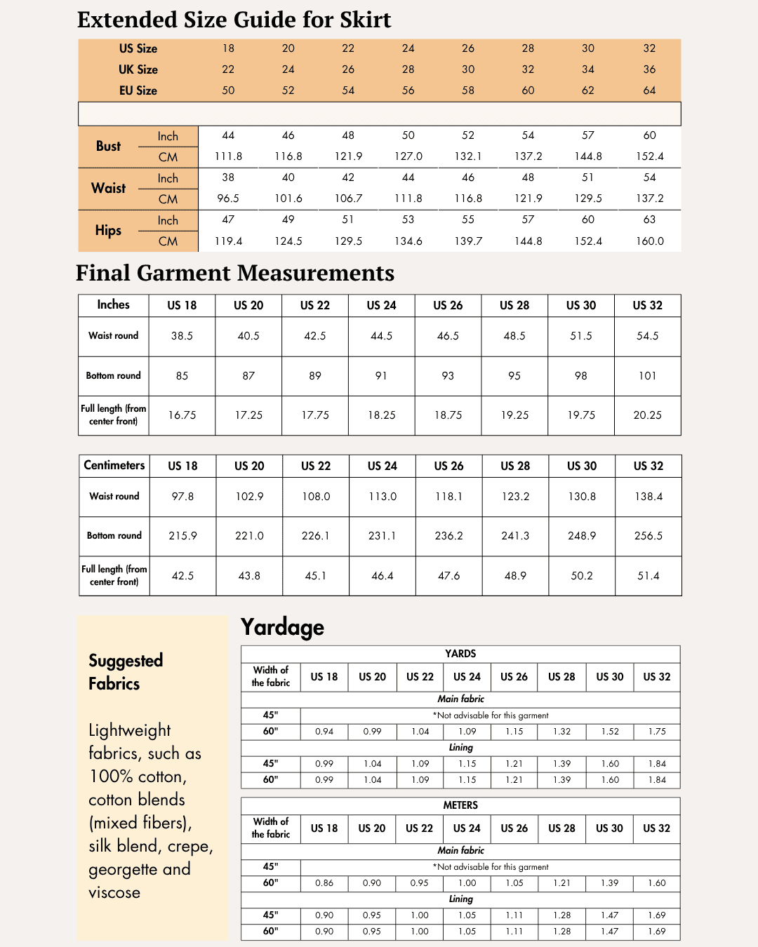 Extended size chart for skirt with bust, waist, hips measurements