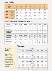 Size guide and measurement charts for women's sewing pattern, includes extended size options