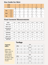 Size guide for skirt with bust, waist, hips, and final garment measurements