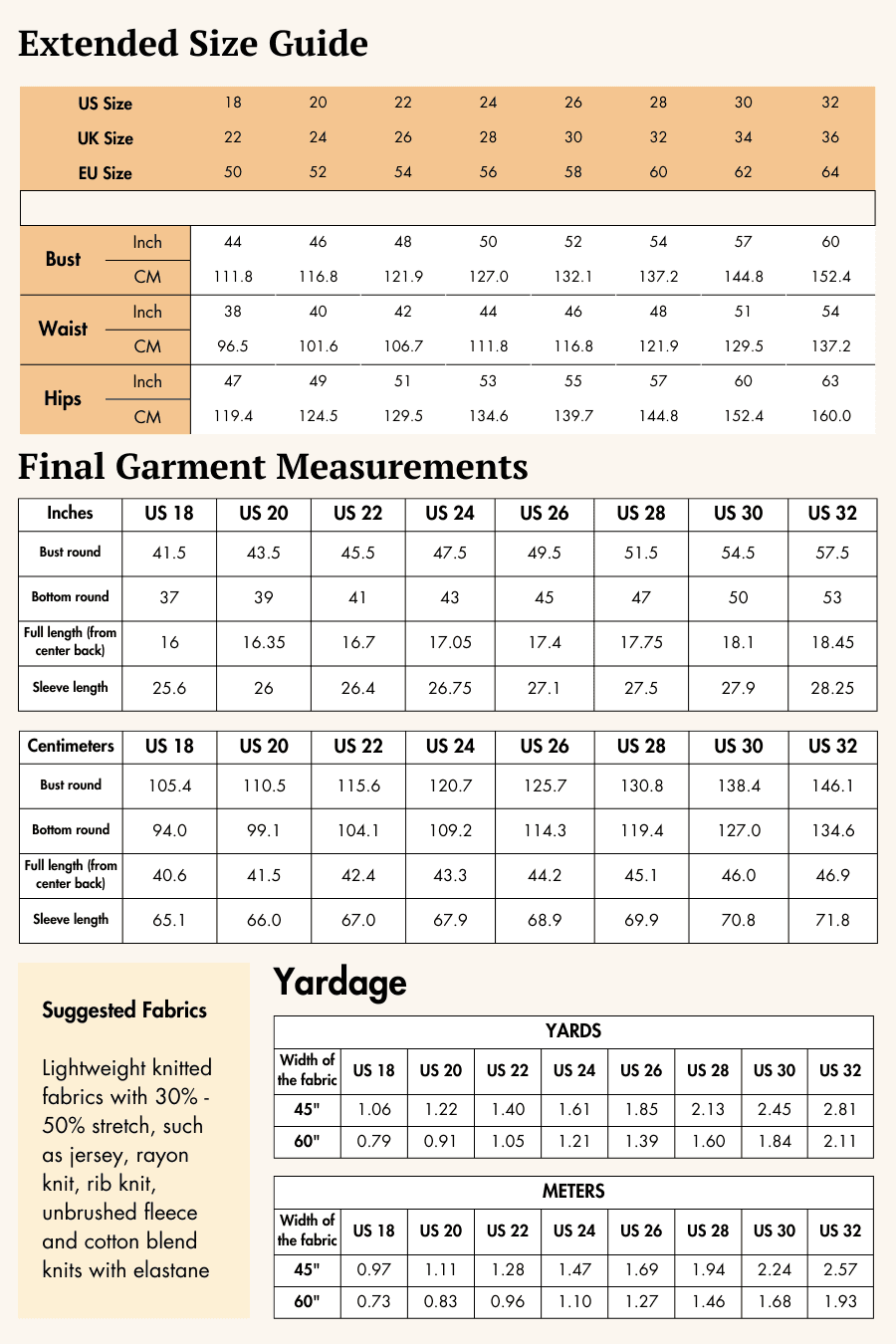 Extended size guide chart for sewing patterns with bust, waist, hips measurements and garment dimensions