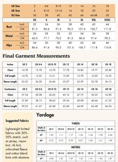 Size guide chart for sewing pattern Blaze, includes bust, waist, hips measurements in inches and centimeters for XS to XXXL sizes