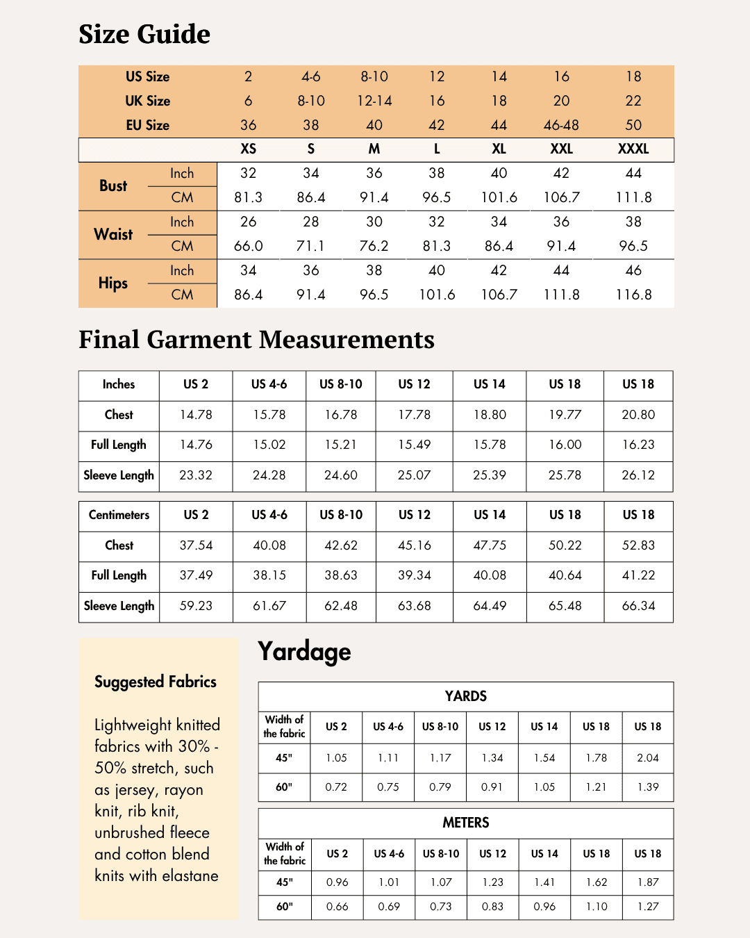Size guide and measurement chart for women's sewing pattern