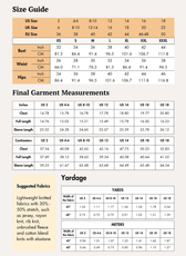 Size guide and measurement chart for women's sewing pattern