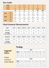 Size guide chart for women's blouse sewing pattern 'Bliss' with bust, waist, and hips measurements