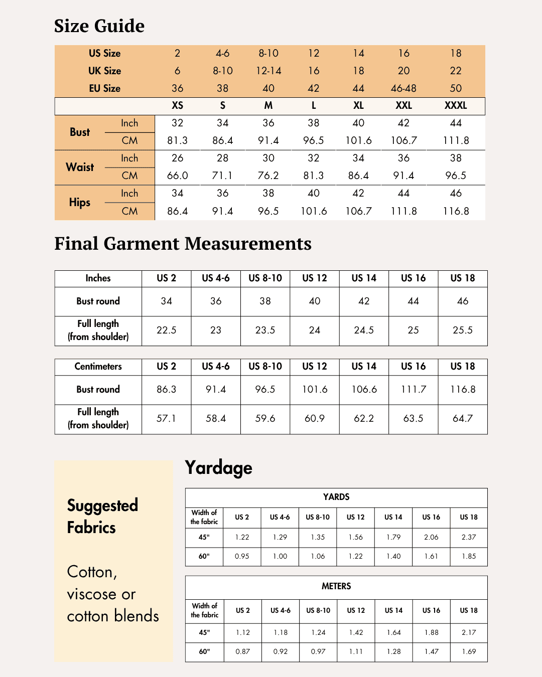 Size guide chart for women's blouse sewing pattern 'Bliss' with bust, waist, and hips measurements