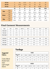 Size guide and fabric recommendations for the Blossom Bustier Crop Top sewing pattern. Includes measurements, yardage, and suggested fabric types.