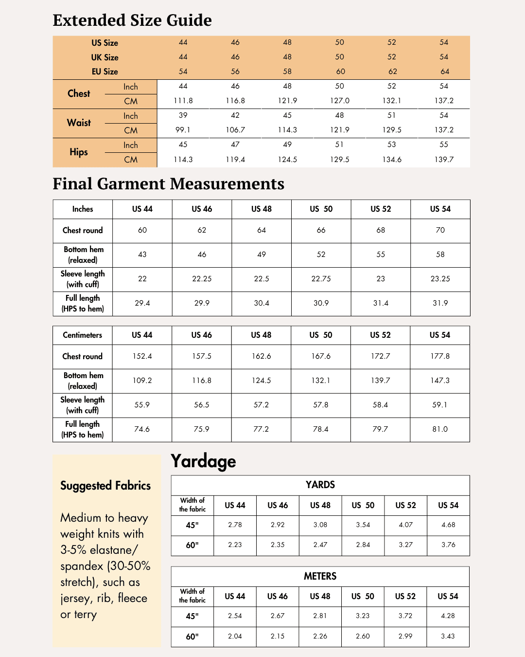 Extended size guide and final garment measurements for men's sweatshirt 'Brian' sewing pattern with detailed sizing info