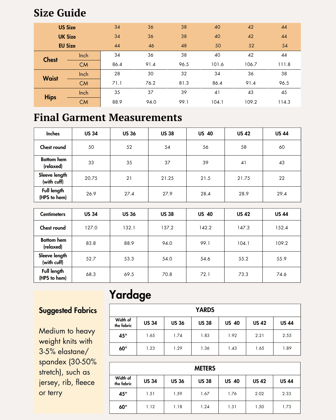 Size guide and measurement charts for men's sweatshirt 'Brian' sewing pattern, includes US, UK, and EU sizes